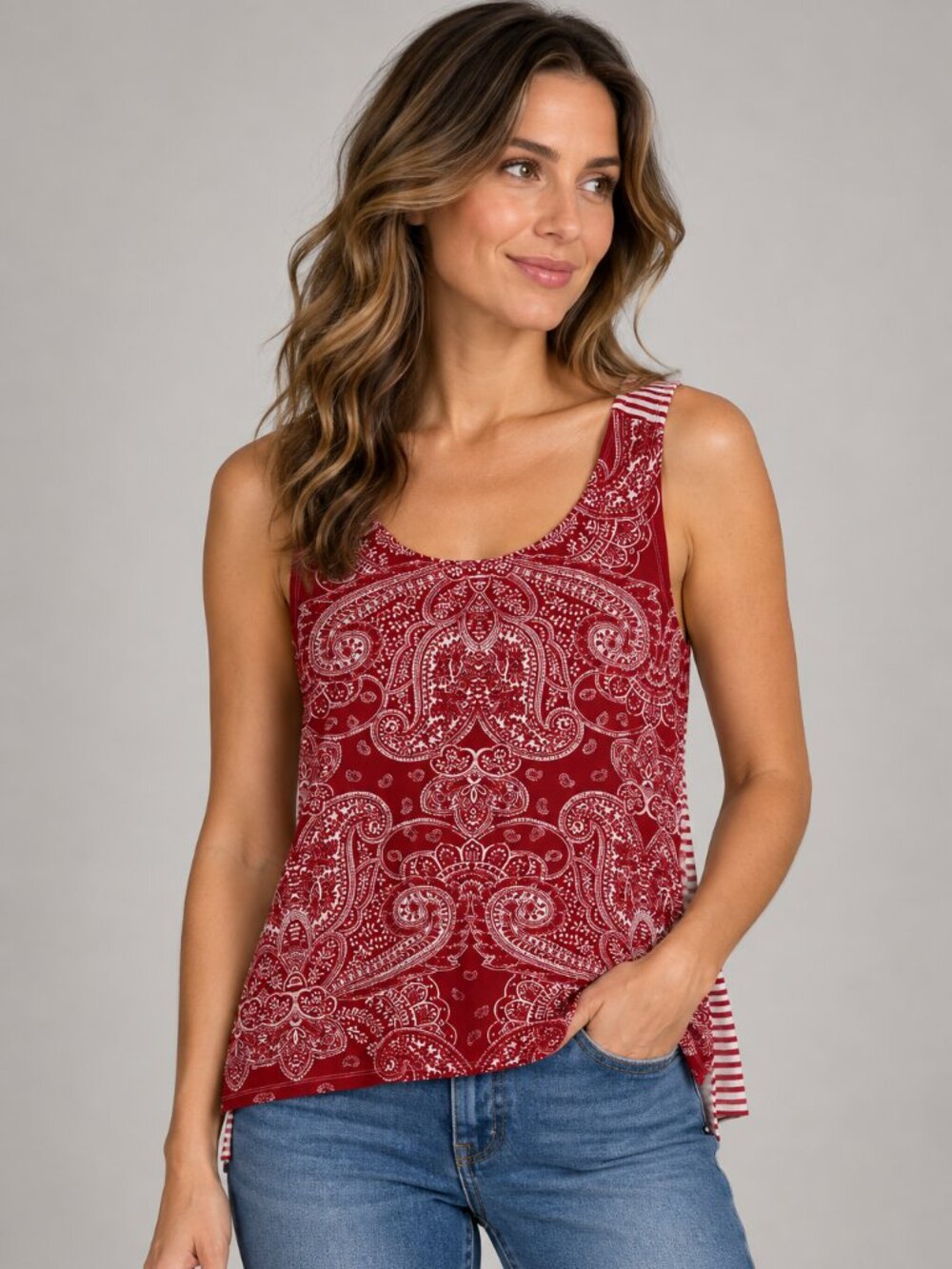 Basic Editions XXL Red White Paisley Striped Tank Top Scoop Neck Casual